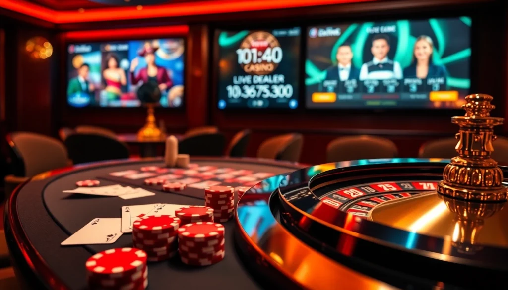 Scène de jeu en ligne vibrante présentant une table de poker et une roue de roulette, casino en ligne Français.