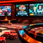 Scène de jeu en ligne vibrante présentant une table de poker et une roue de roulette, casino en ligne Français.