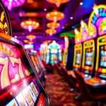 Mainan slot 777 yang bersinar di casino, dengan koin berjatuhan menarik hati.