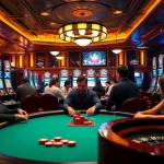 Players enjoy a thrilling game at a poker table featuring pg soft inspired graphics and vibrant slot machines.