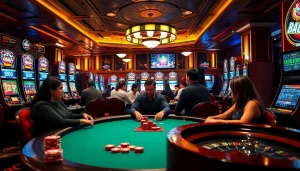 Players enjoy a thrilling game at a poker table featuring pg soft inspired graphics and vibrant slot machines.