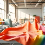 Absorberende katoenen stof op een creatieve werkplek met kleurrijke materialen.