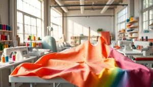 Absorberende katoenen stof op een creatieve werkplek met kleurrijke materialen.