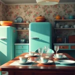 Showcasing a vintage mint green retro appliance in a cozy, nostalgic kitchen dinette.