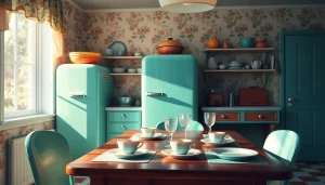 Showcasing a vintage mint green retro appliance in a cozy, nostalgic kitchen dinette.