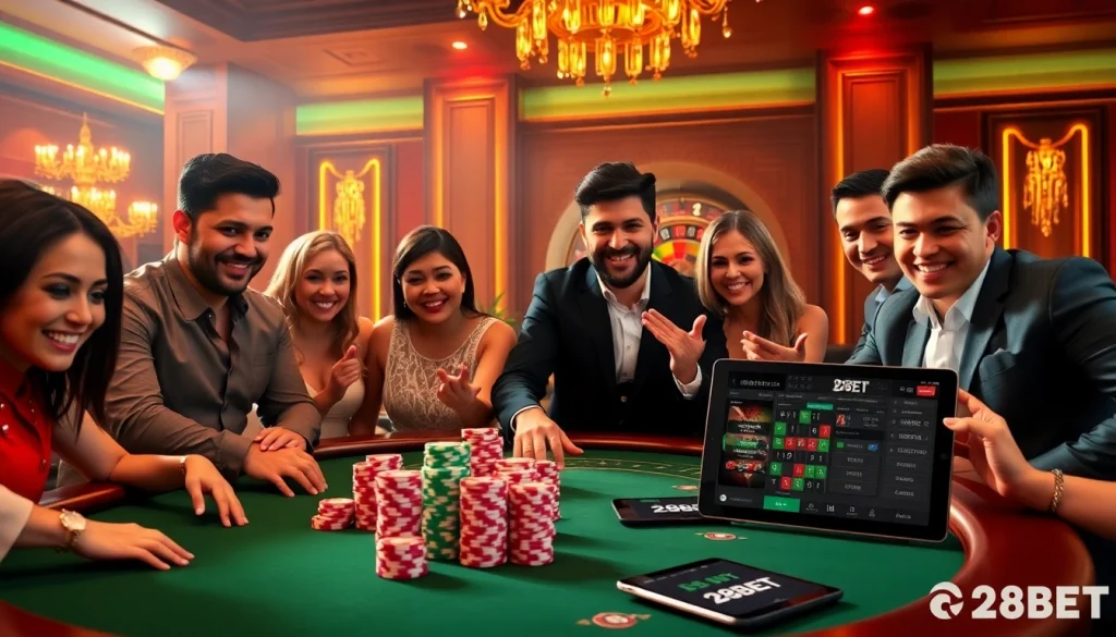 Players enjoying a thrilling poker game at 28BET, showcasing vibrant chips and a roulette wheel.