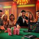Players enjoying a thrilling poker game at 28BET, showcasing vibrant chips and a roulette wheel.
