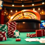 Scène captivante de casino en ligne Français avec des jetons de poker et une roulette, invitant les joueurs à rejoindre l'excitation.
