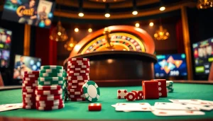 Scène captivante de casino en ligne Français avec des jetons de poker et une roulette, invitant les joueurs à rejoindre l'excitation.