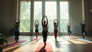 多様な参加者がいるホットヨガスタジオのシーン、ウェルネスのためのおすすめホットヨガを強調。