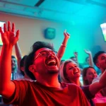 Excited fans enjoying live sports streaming at a 토토스토리 viewing party.
