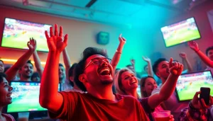 Excited fans enjoying live sports streaming at a 토토스토리 viewing party.