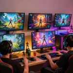 Engaging gameplay scene showcasing diverse characters in a vibrant sex games online setup, complete with colorful fantasy graphics and cozy gaming environment.
