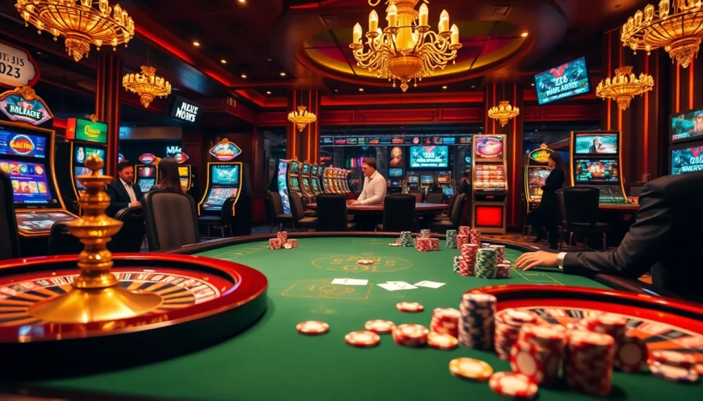 Scène passionnante de casino en ligne Français mettant en vedette des joueurs élégants à une table de poker avec roulette et machines à sous.
