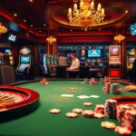 Scène passionnante de casino en ligne Français mettant en vedette des joueurs élégants à une table de poker avec roulette et machines à sous.