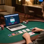Player enjoying a live dealer blackjack game at rr88, showcasing smart strategy amid vibrant online casino atmosphere.