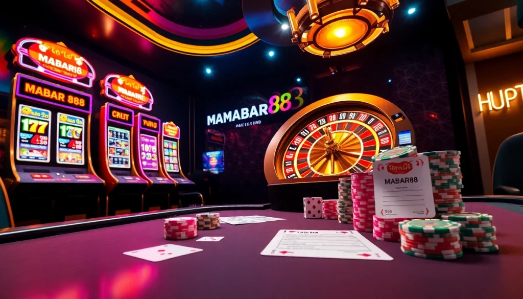 Platform online MABAR88 yang menampilkan mesin slot berwarna-warni, kartu, dan chip poker dalam suasana perjudian yang penuh semangat.