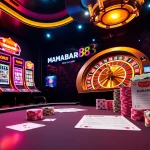 Platform online MABAR88 yang menampilkan mesin slot berwarna-warni, kartu, dan chip poker dalam suasana perjudian yang penuh semangat.
