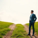 Find my true calling illustrated by a professional at a career crossroads with a vibrant background.
