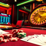 Découvrez l'excitation du casino en ligne Français avec un environnement de jeu en ligne dynamique mettant en vedette des jetons de poker et une roulette.