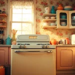 Capture a Retro Oven in a vibrant vintage kitchen filled with colorful utensils.