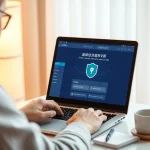 现代家用办公环境中的笔记本上显示的快连VPN界面。