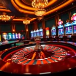 Des joueurs enthousiastes à une table de roulette vivent l'expérience du casino en ligne Français dans un cadre luxueux.