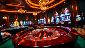 Des joueurs enthousiastes à une table de roulette vivent l'expérience du casino en ligne Français dans un cadre luxueux.