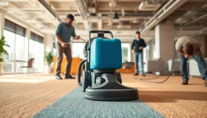 Efficient commercial carpet cleaners delivering professional results in an office space.