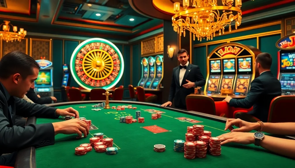 Scène engageante de casino en ligne Français avec poker, roulette et machines à sous vibrantes.