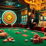 Scène engageante de casino en ligne Français avec poker, roulette et machines à sous vibrantes.