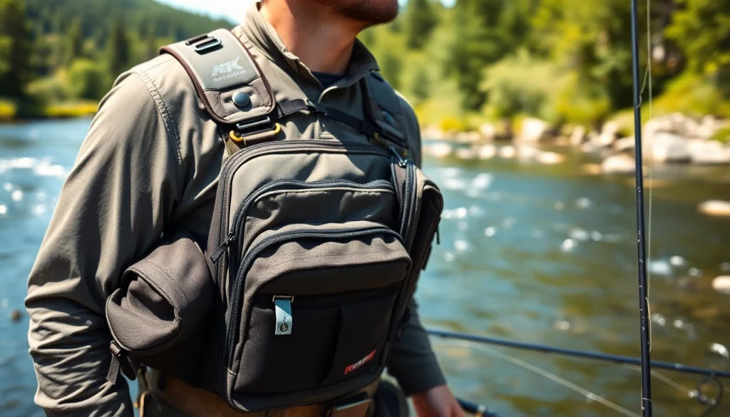 Angler demonstrating the versatile fly fishing chest pack while fishing in a serene river.