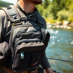 Angler demonstrating the versatile fly fishing chest pack while fishing in a serene river.