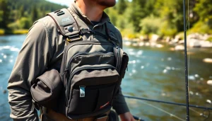 Angler demonstrating the versatile fly fishing chest pack while fishing in a serene river.