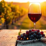 Savor the richness of petite sirah wine in an elegant setting with grapes and a corkscrew.