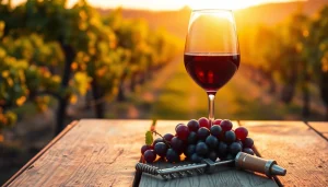 Savor the richness of petite sirah wine in an elegant setting with grapes and a corkscrew.