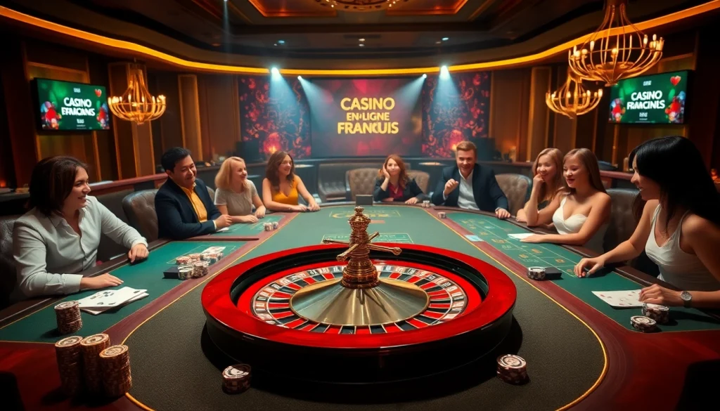Vivez des jeux palpitants au casino en ligne Français avec des joueurs excités autour des tables de poker et d'une roue de roulette.