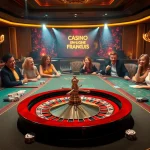 Vivez des jeux palpitants au casino en ligne Français avec des joueurs excités autour des tables de poker et d'une roue de roulette.