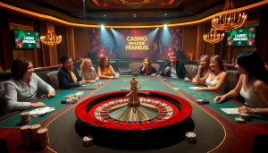 Vivez des jeux palpitants au casino en ligne Français avec des joueurs excités autour des tables de poker et d'une roue de roulette.