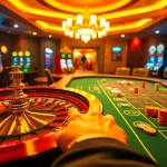 Experience the thrill of layarkaca21 with vibrant casino elements like poker chips and roulette wheels.