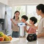 Family joyfully replacing the EcoAqua EFF-6027A Replacement Filter in a bright kitchen, ensuring clean drinking water.
