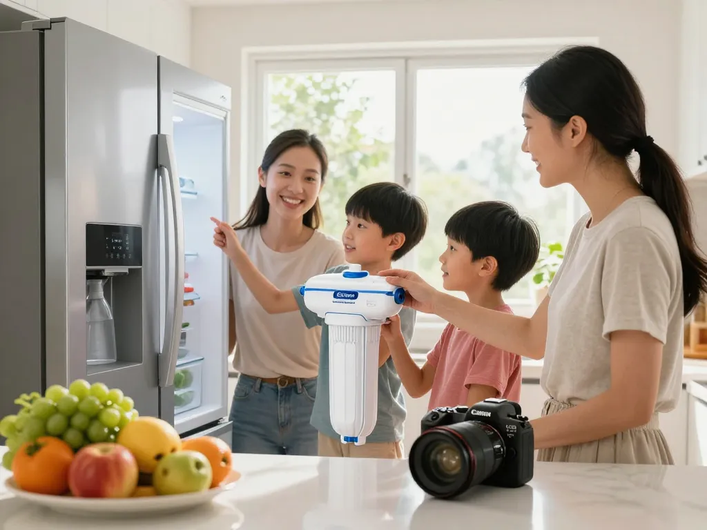 Family joyfully replacing the EcoAqua EFF-6027A Replacement Filter in a bright kitchen, ensuring clean drinking water.