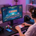 Engaging online baccarat experience with player focused on screen, showcasing a modern gaming setup. 바카라사이트 elements highlighted.