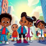 A colorful illustration featuring characters from African American cartoons like "The Boondocks" and "Doc McStuffins," celebrating diversity.