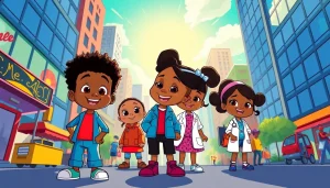 A colorful illustration featuring characters from African American cartoons like "The Boondocks" and "Doc McStuffins," celebrating diversity.