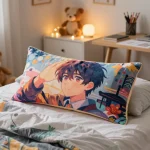 Custom body pillow showcasing vibrant anime art on a cozy bed