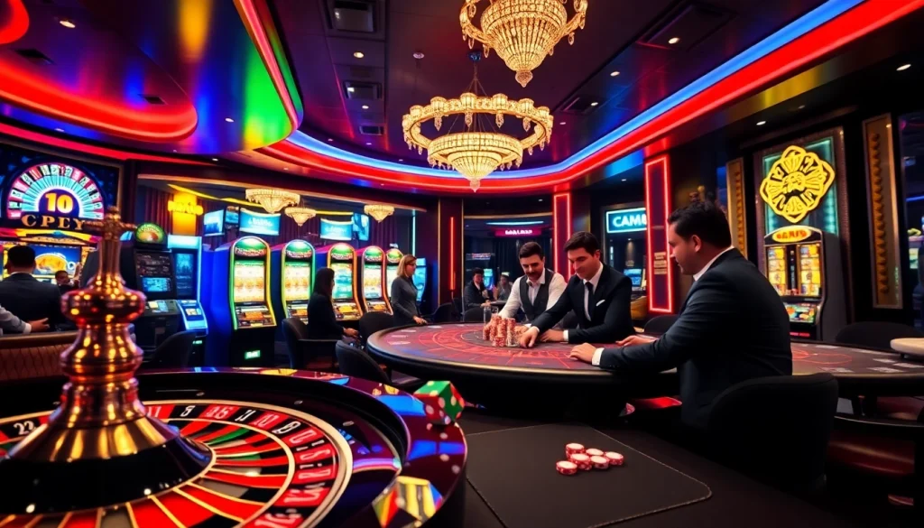 Expérience de Casino en Ligne Français avec du poker à enjeux élevés et des machines à sous vibrantes dans un cadre luxueux.