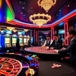 Expérience de Casino en Ligne Français avec du poker à enjeux élevés et des machines à sous vibrantes dans un cadre luxueux.