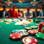 MABAR88 Gacor, suasana kasino yang energik dengan meja poker penuh warni, menampilkan antusiasme pemain.