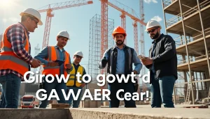 Construction career professionals collaborating on a bright building site with cranes and scaffolding.